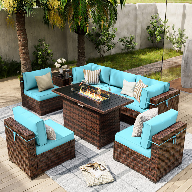 Romanas 8 Piece Patio Conversation Sets with Fire Pit Table Latitude Run Cushion Color Navy Blue